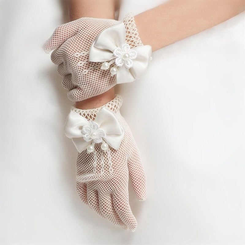 DreamHigh Wedding Flower Girls Mittens Pearl Bow Tie Fish Net Gloves- White - Image 5
